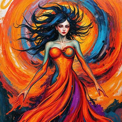 The primary subject of the image is a woman wearing a dress, with her hair flowing in the wind. She is standing in front of a colorful background, which includes a sunset. The visual style of the image is a painting, with the woman being the main focus of the artwork. The colors and mood of the painting are vibrant and lively, with the woman's dress and the background creating a sense of movement and energy.